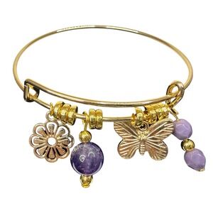 Gold Tone Expandable Bangle Bracelet with Purple Bead Flower Butterfly Charms